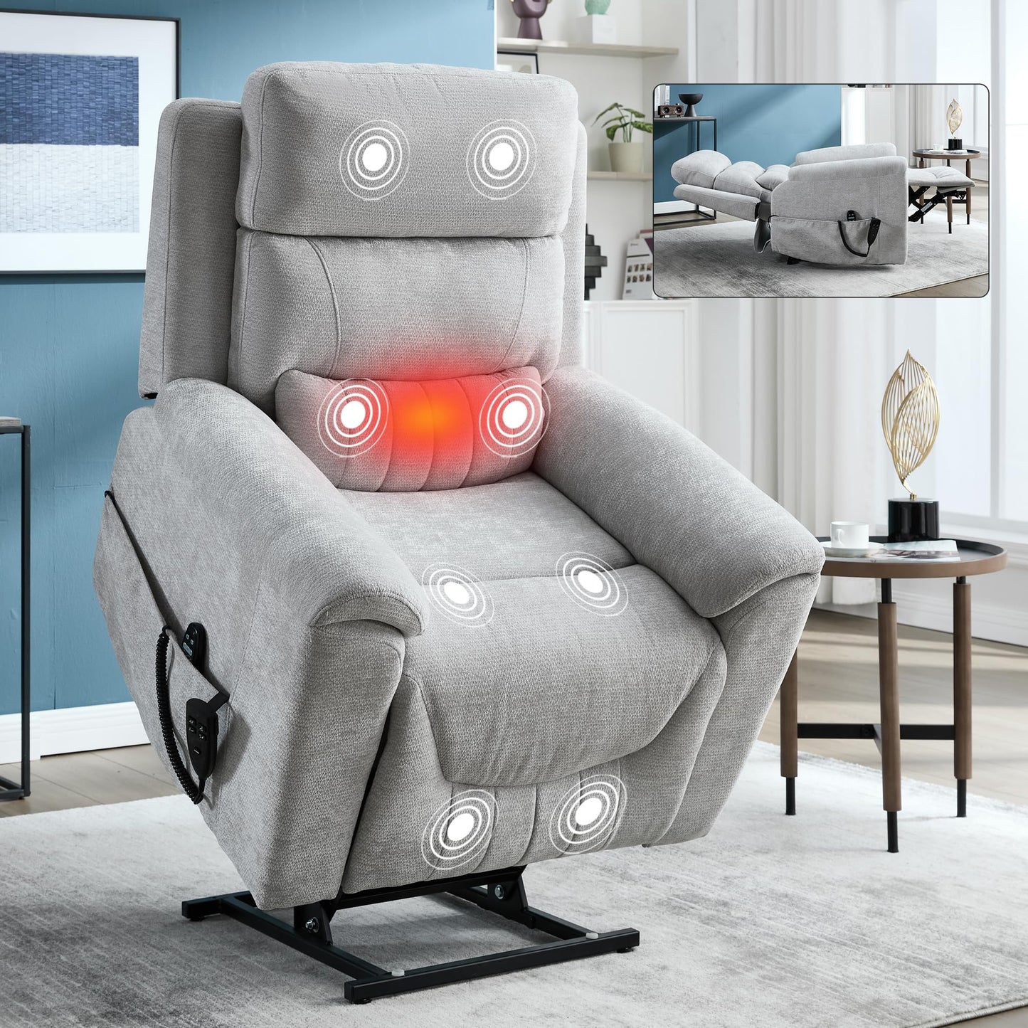 KEIKI Oversized Dual Motor Power Lift Recliner Chair for Elderly, Chenille Upholstery Breathable Rocking Chair with Back Massager and Heated, Senior Daily Relaxation and Home Comfort Seat, Grey