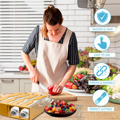 Bamboo Aluminum Foil Organizer & Plastic Wrap Dispenser with Cutter - 4 in 1 Parchment, Wax Paper & Saran Wrap Holder - Tin Foil Food Wrap Organizer for Kitchen Drawer, Countertop & Pantry - 11" Rolls