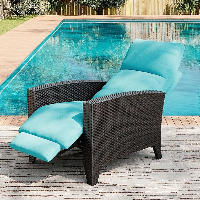 IDEALHOUSE Wicker Outdoor Recliner Reclining Patio Chairs with Adjustable Back & Footrest 150° Lay-Flat Reclining with Air Pump Rattan Flip-Up Side Table Outdoor Lounge Chairs for Pool Deck Balcony