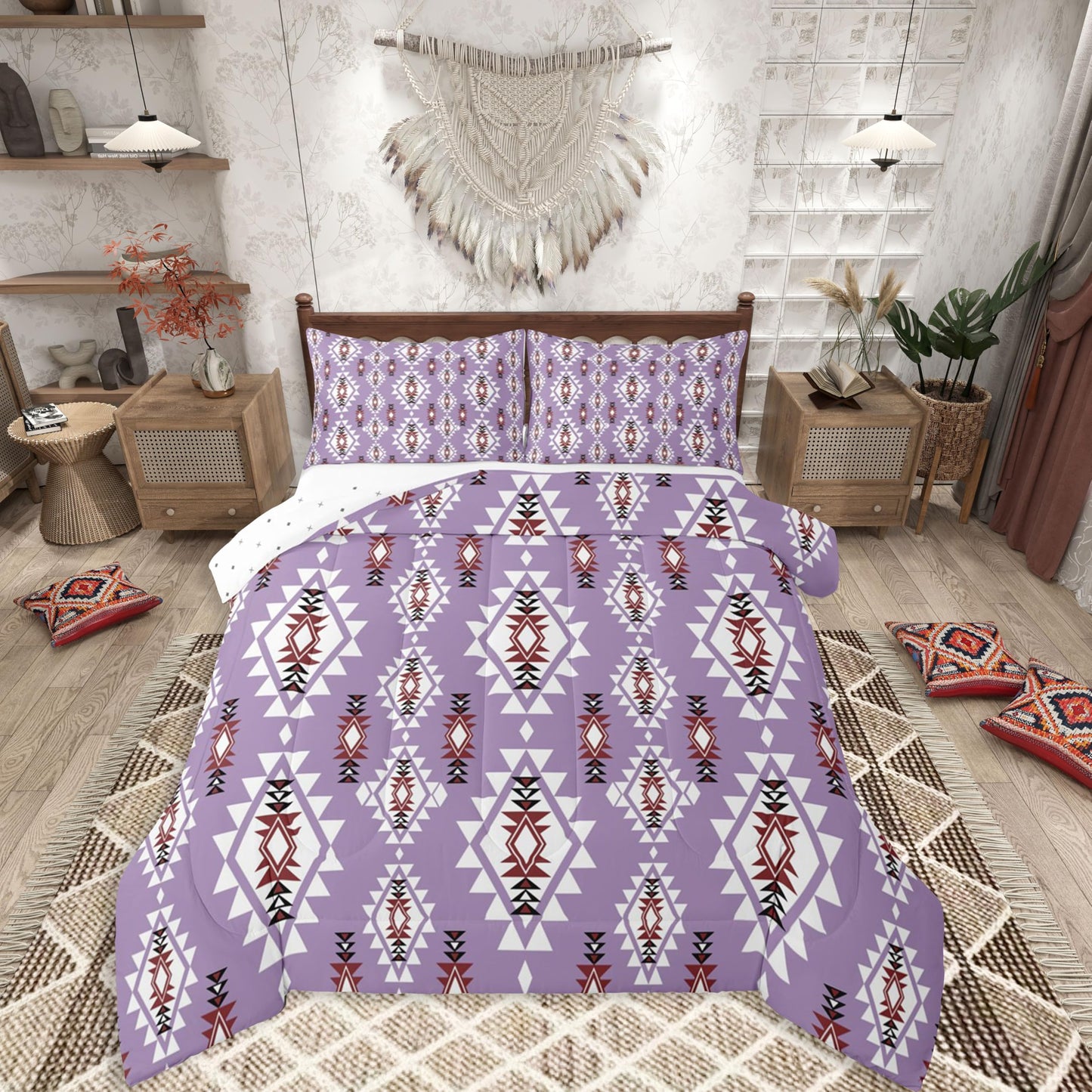 jejeloiu Boho Western Comforter Set All Season Bohemian Southwestern Bedding Set with 2 Pillow Cases Aztec Decor Kids Queen Bedclothes Farmhouse Country Bedroom Duvet Quilt Soft Lightweight