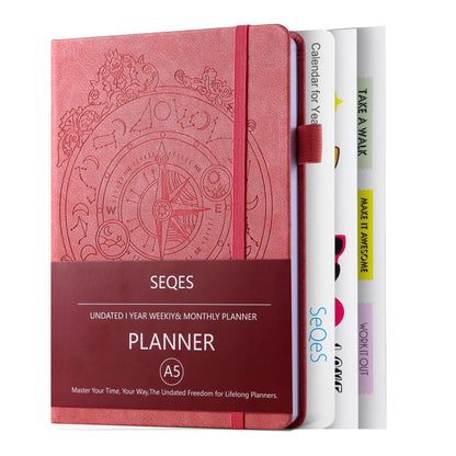 SEQES A5 Undated Planner- Leather Cover with goal tracker,full focus And habit To Increase Productivity organizer And Goal Setting & Reflection Journal | Weekly/Monthly Planner (pink)