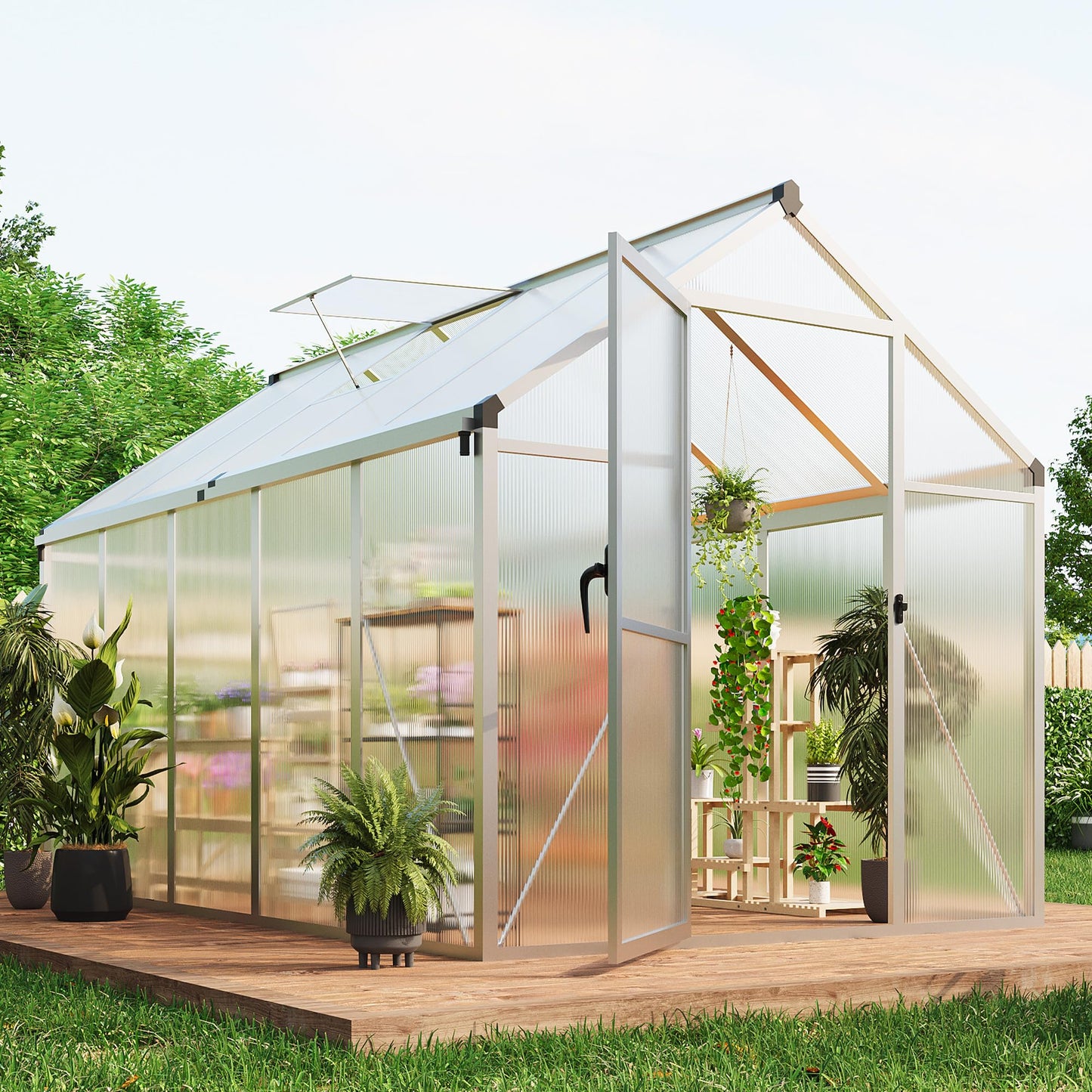 Greenhouse, 6x10 Ft Outdoor Greenhouses, Greenhouse Kit, Portablee Greenhouses with Ground Nails and Vent Windows, Sliding Lockable Door, Polycarbonate Green House for Outside Garden Backyard, White