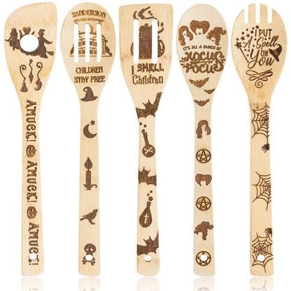 Eartim Hocus Pocus Wooden Cooking Utensil Set - 5Pcs Halloween Kitchen Cooking Gadget Natural Carve Bamboo Spoon Slotted Spatula Non-Stick Cookware Utensil Birthday Housewarming Gift Halloween Supply