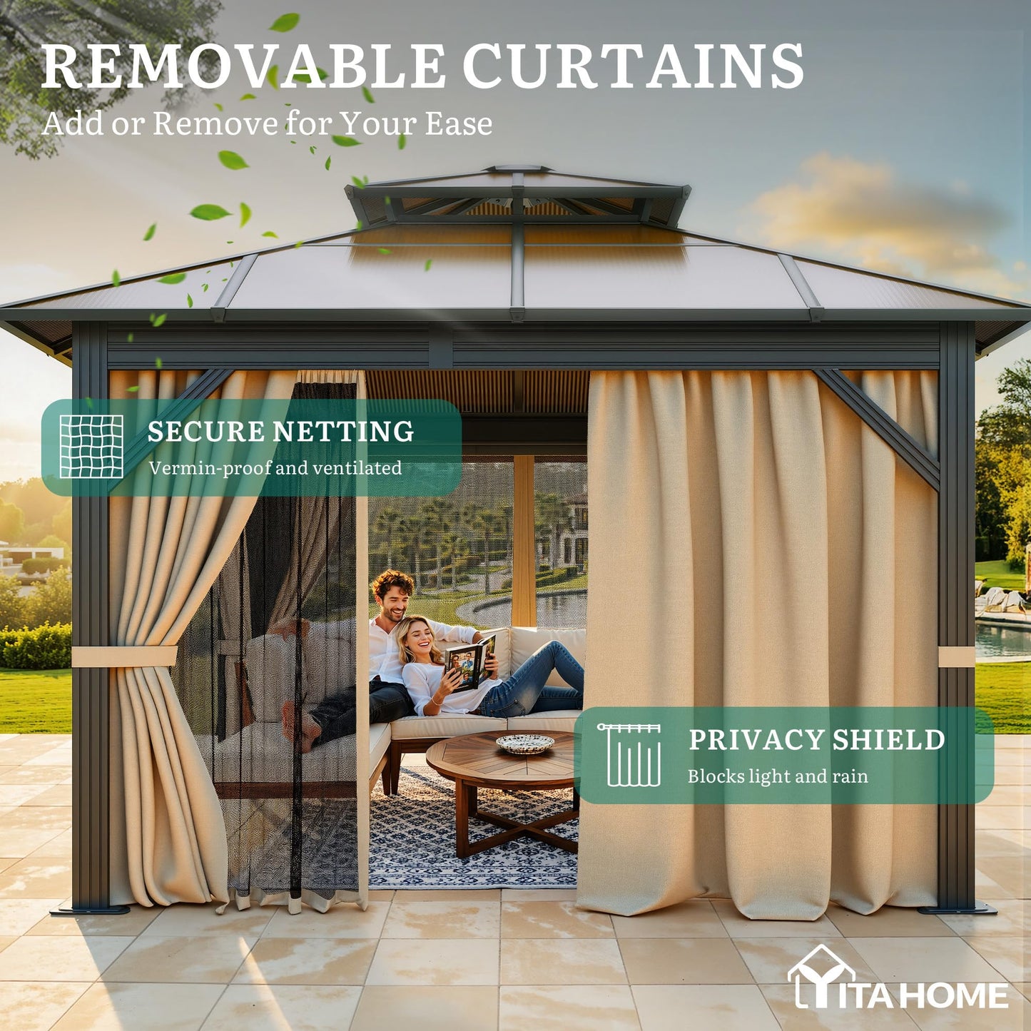 YITAHOME 10x10FT Gazebo Hard-Top Double Roof Canopy Outdoor with Netting and Shaded Curtains, Metal Frame Polycarbonate Hardtop Garden Tent for Patio, Backyard, Deck and Lawns, Brown
