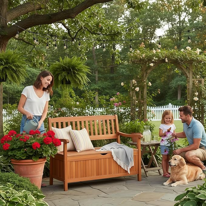 Tangkula Outdoor Wood Storage Bench Deck Box, Entryway Porch Storage Bench with Inner Removable Dust-Proof Lining & Portable Handles, Eucalyptus Wood Loveseat for Garden, Lawn, Balcony & Yard