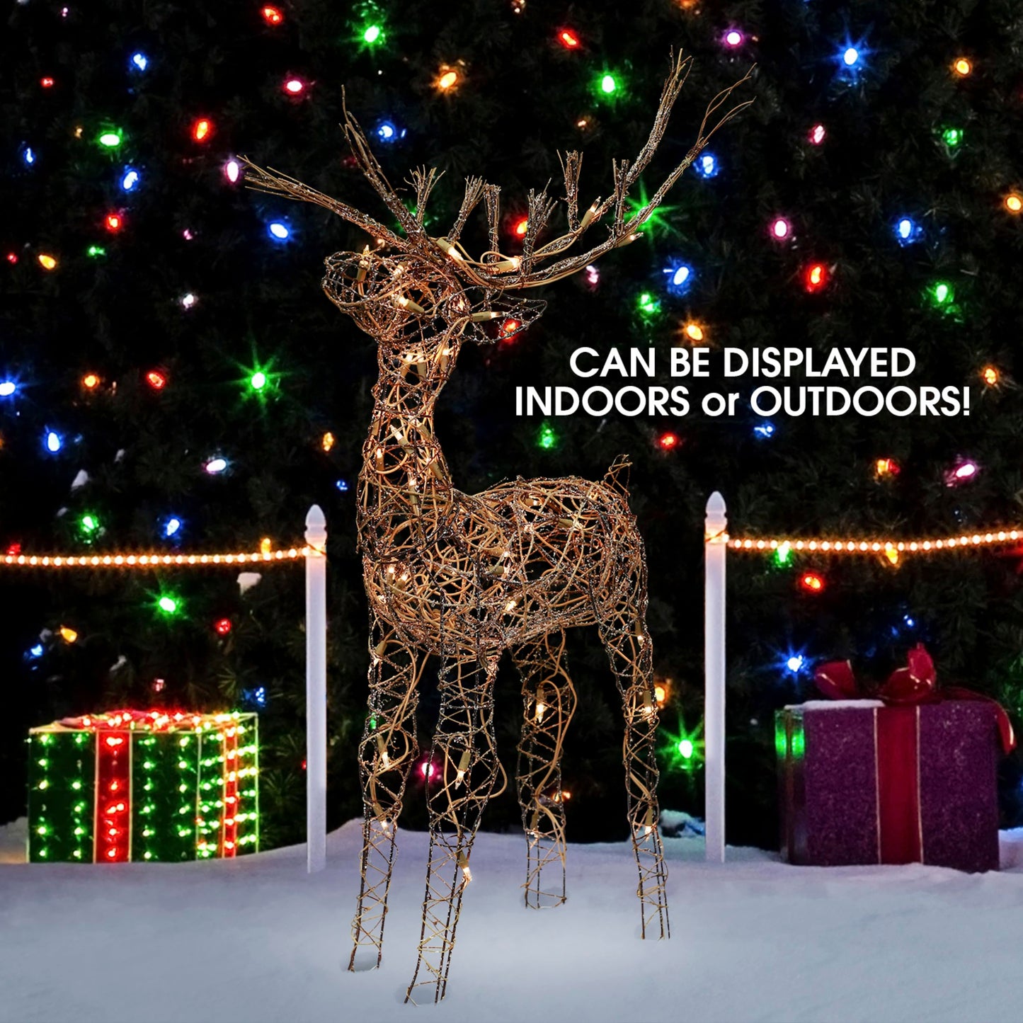Alpine Corporation 35" Tall Outdoor Lighted Rattan Reindeer Christmas Yard Decoration with 60 Warm White LED Lights for Lawn Display, Brown