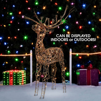 Alpine Corporation 35" Tall Outdoor Lighted Rattan Reindeer Christmas Yard Decoration with 60 Warm White LED Lights for Lawn Display, Brown