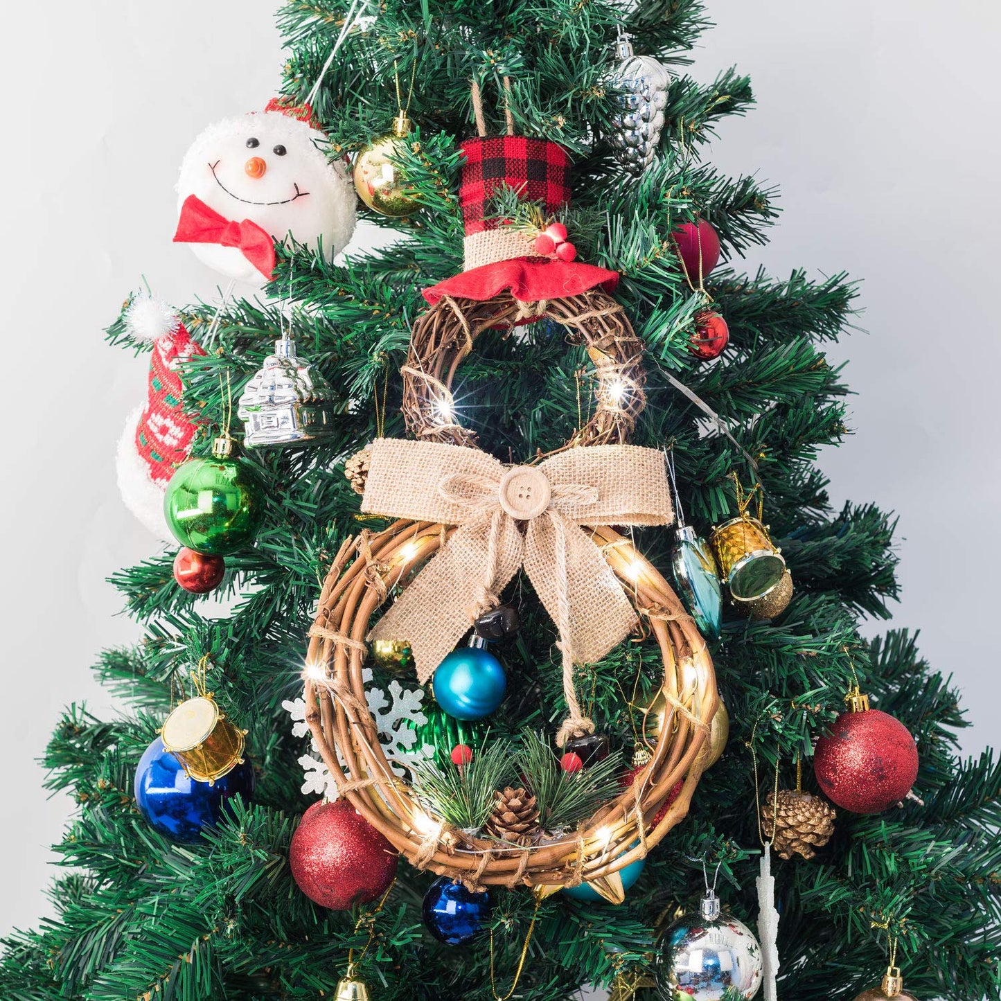 Lvydec Lighted Christmas Wreath Decoration - 16 x 8 Inch Grapevine Wreath with Hat and Bow Snowman Shape Wreath for Front Door Home Wall Decor
