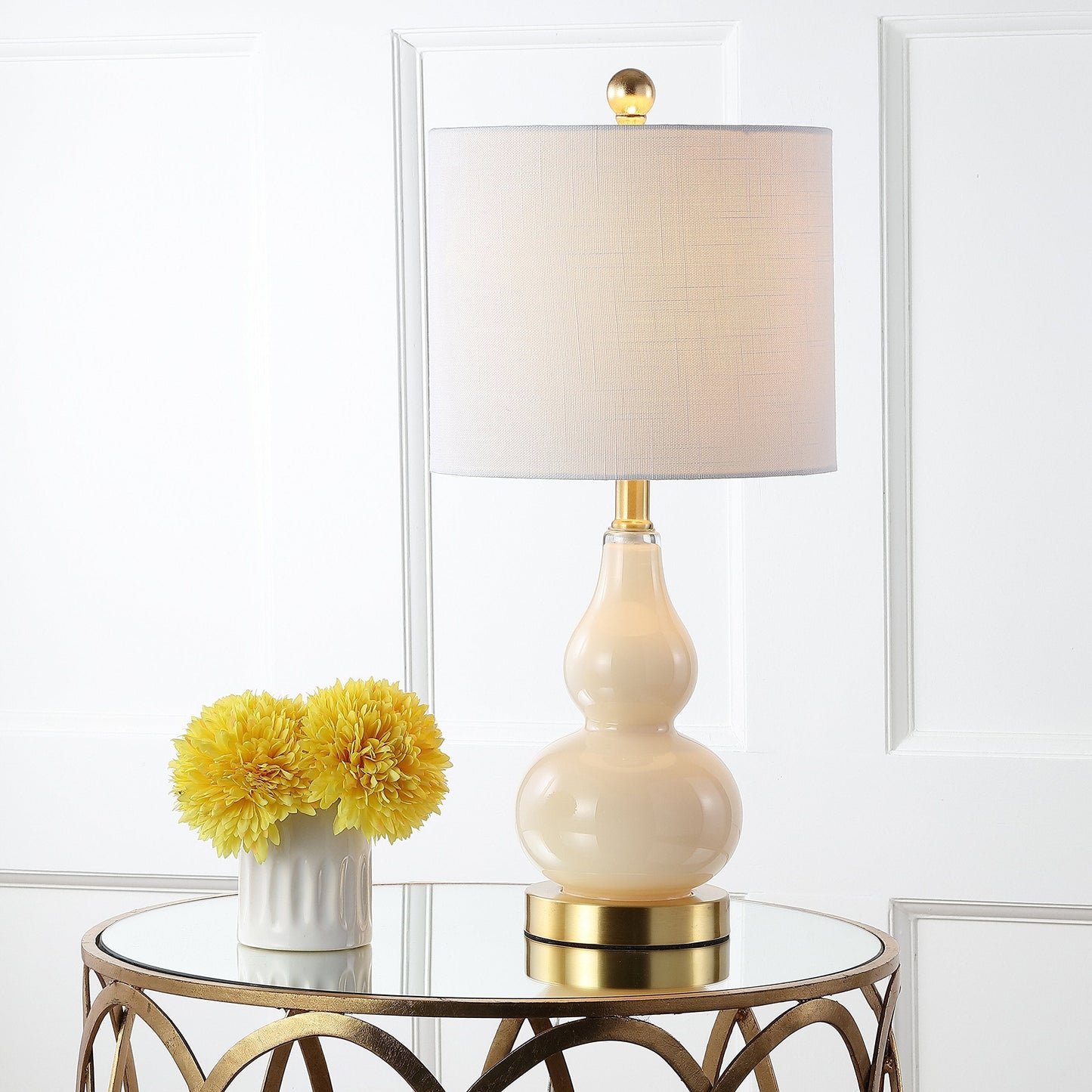 JONATHAN Y 20.5" Ivory Glass Table Lamp, Modern Gourd Bedside Nightstand Lamp for Bedroom, Living Room, White Linen Shade, LED Bulb Included (JYL1028B)