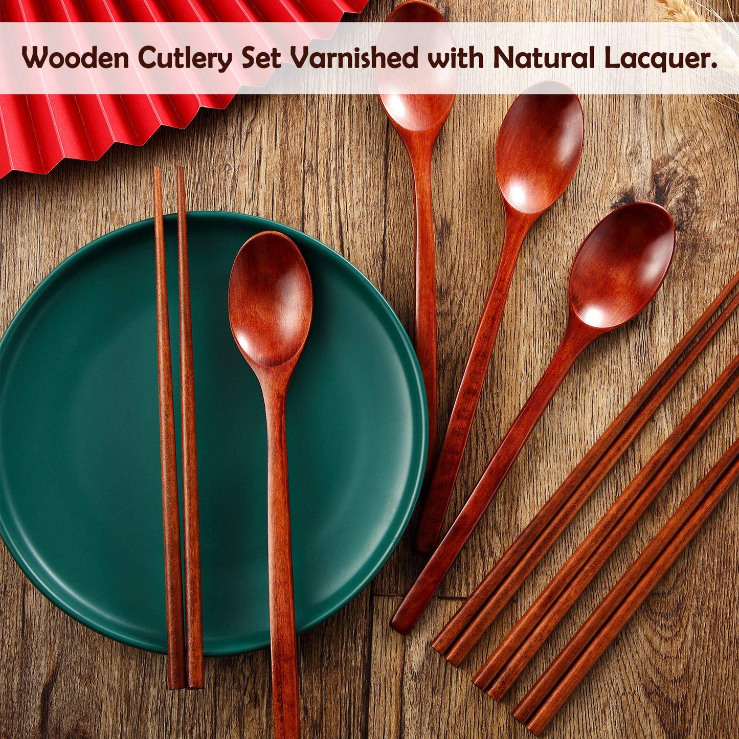 Wooden Spoon and Chopsticks Set Long Handle Spoon Chopstick Flatware Reusable Tableware Combination Utensils for Eating Food, 9.3 Inch (8)
