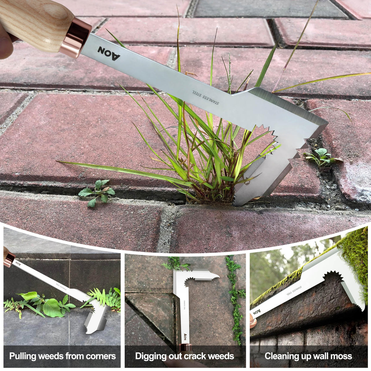 AON 2-Pack Hand Crack Weeder Puller Tool Set - Made with Heat Treated Steel and Ash Wood Ergonomic Handles, Weeding Tools Ideal for Gardens and Patio Lawns to Effectively Pull Out Weeds & Their Roots