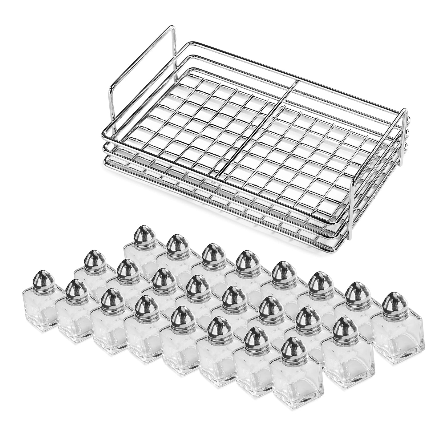 New Star Foodservice Glass Cube Mini Salt and Pepper Shaker with Rack (Silver, Stainless Steel)