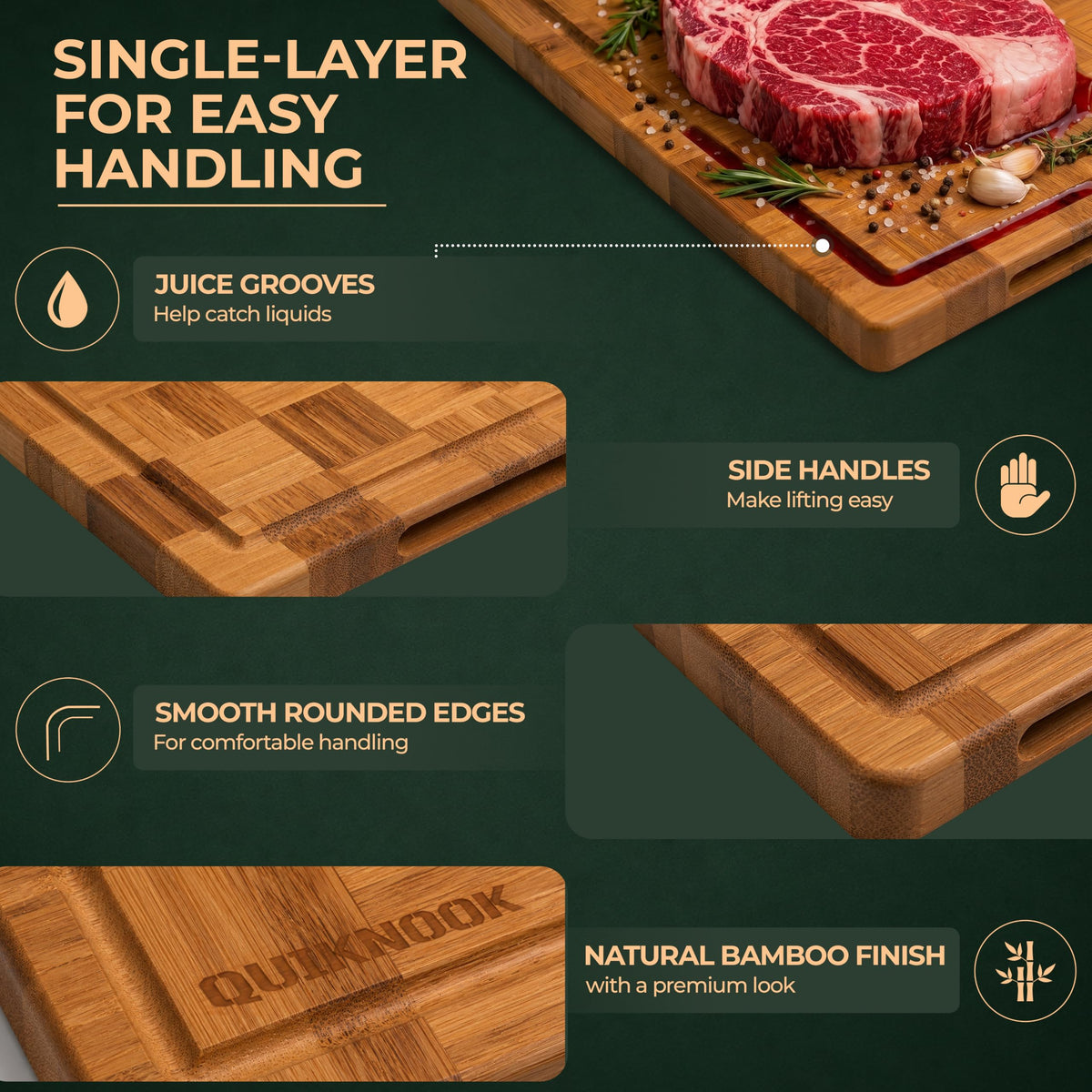 Pack of 3 Pre-Oiled Bamboo Cutting Board Set with holder | Extra Thick End Grain Bamboo Wooden Cutting Board for kitchen with Deep Juice Grooves | Non Toxic Chopping Board Set with Build-in Handles