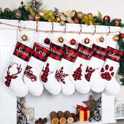 LUBOT Pack Personalized Christmas Stocking(20inch) Silhouette Buffalo Red Plaid/Rustic/Farmhouse/Country Fireplace Hanging Xmas Stockings Decorations for Family Holiday Season