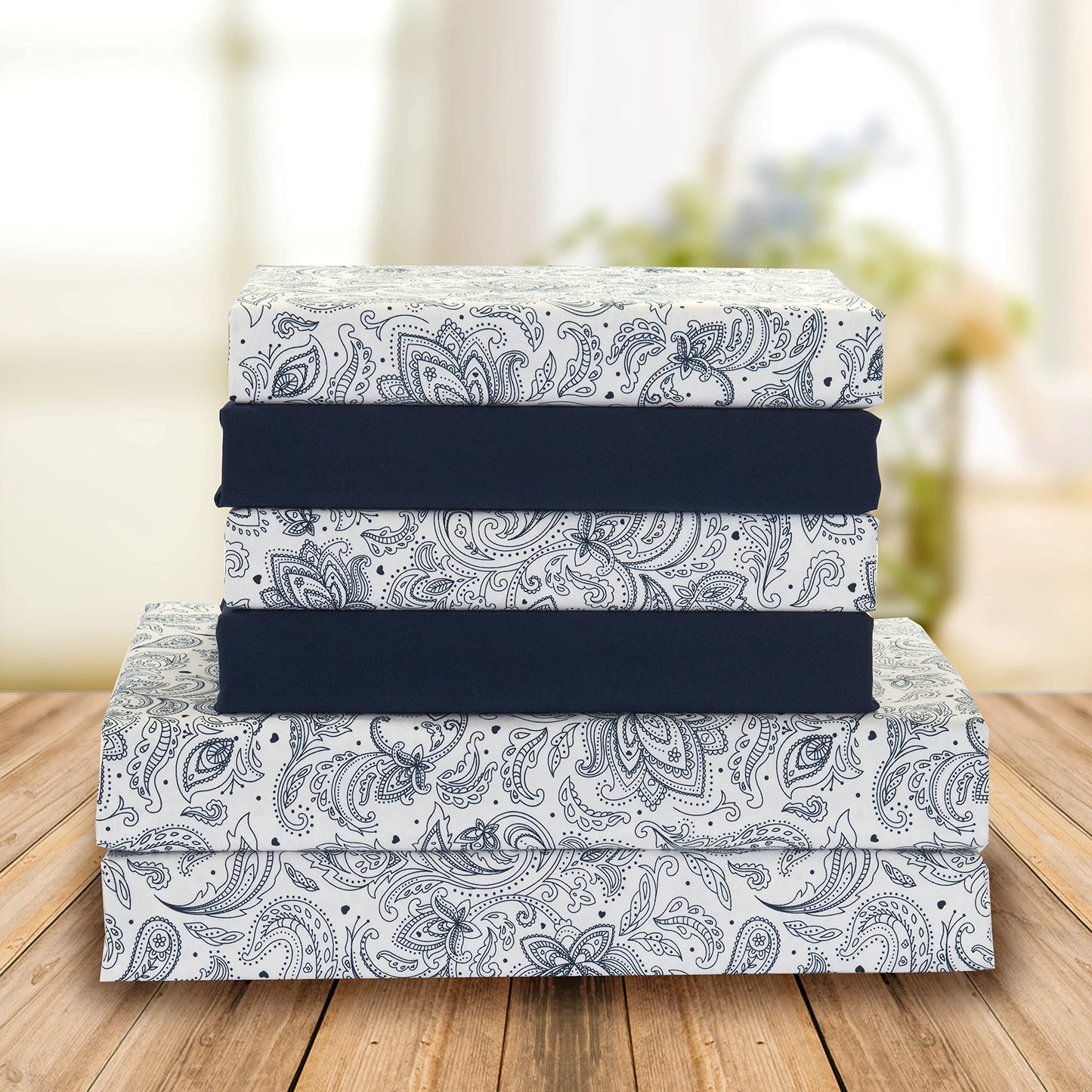 Elegant Comfort Amelia Paisley Printed 6-Piece Sheet Set, Deep Pocket 1500 Thread Count, Fade, Stain, and Wrinkle Resistant, Fitted Sheets with Smart Pockets, Paisley Sheet Set, Queen, Sapphire Navy
