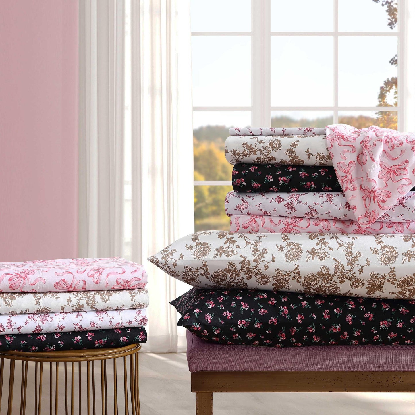 Betsey Johnson - Full Bed Sheets, Soft & Lightweight Bedding, Fade & Wrinkle Resistant (Floral Toile Pink, Full)