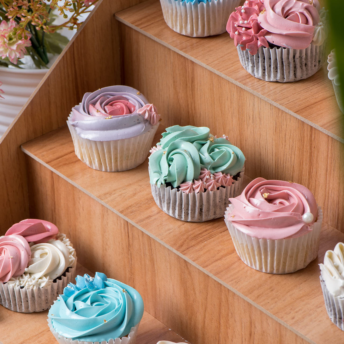 Tapeera 4-Tier Retail Wooden Display Riser - Farmers Market Craft Fair Display Rack - Candle Soap Display Stand for Craft Shows - Wood Countertop Pop Up Shop Display Rack for Tumblers Cupcakes Candy