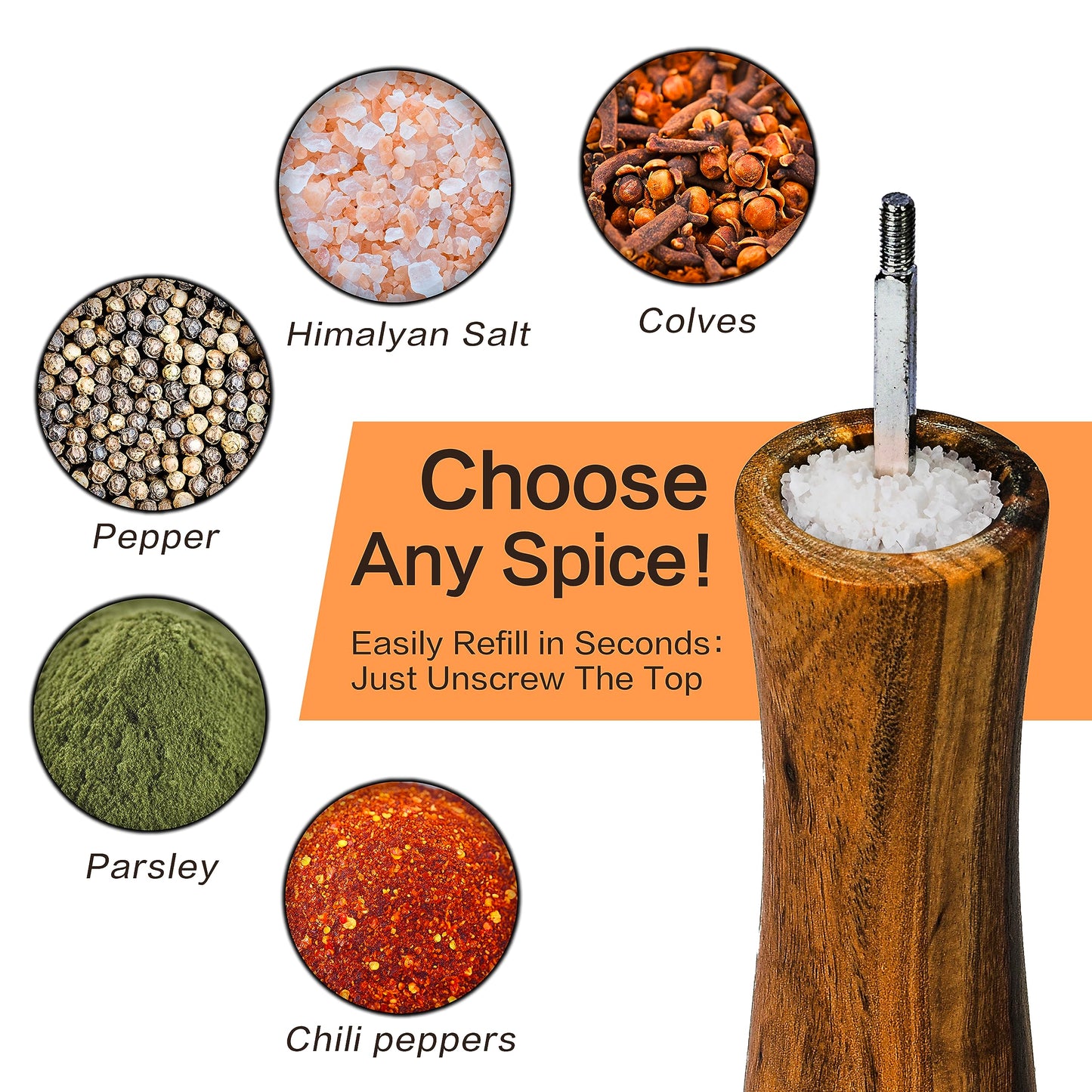 Finnhomy Salt and Pepper Grinder Set, Acacia Wood Adjustable Coarseness Pepper Mill with Wooden Stand, Cleaning Brush & Spoon, Pepper Grinder Refillable, 2 Pack Salt and Pepper Shakers, 8.5 Inches