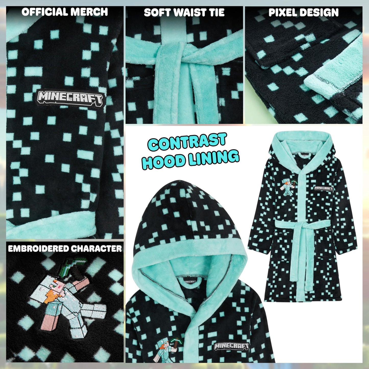 Minecraft Dressing Gown for Boys Fleece Hooded Bathrobe with Pockets Creeper Loungewear Nightwear Teens Gamer Gifts for Boys (9-10 Years, Teal)