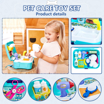 HERSITY Vet Toy Pet Care Kit Role Play Set Grooming Feeding Dog Games Backpack Toys for Kids 3 4 5 Years Old Girls Boys