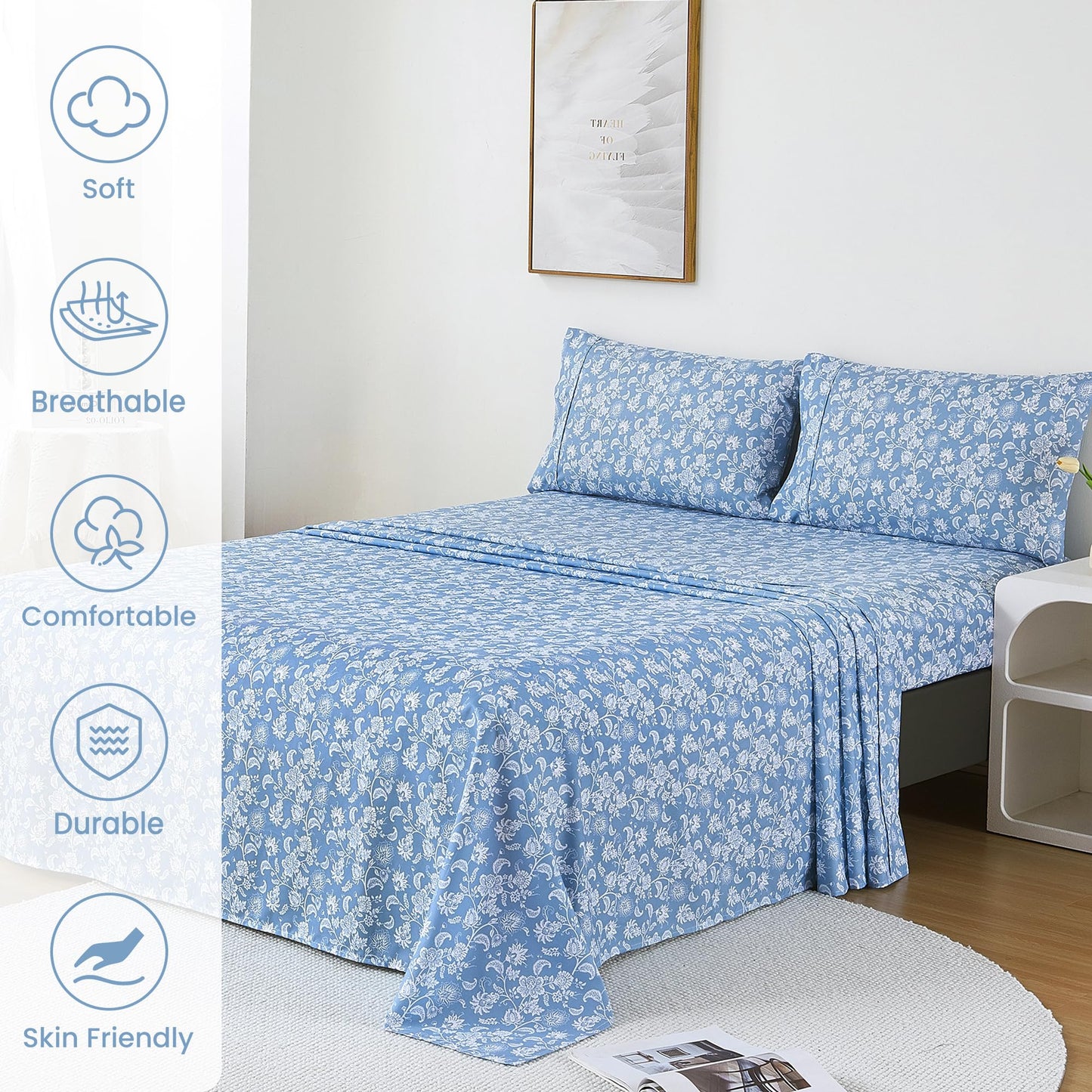 Mooreeke Cozy Vintage Microfiber Printed Queen Sheet Set - Soft & Breathable Percale Blue Paisley Bed Sheets with Extra Deep Pocket - Non-Slip Fitted Design - Blue Flower Pattern - Queen