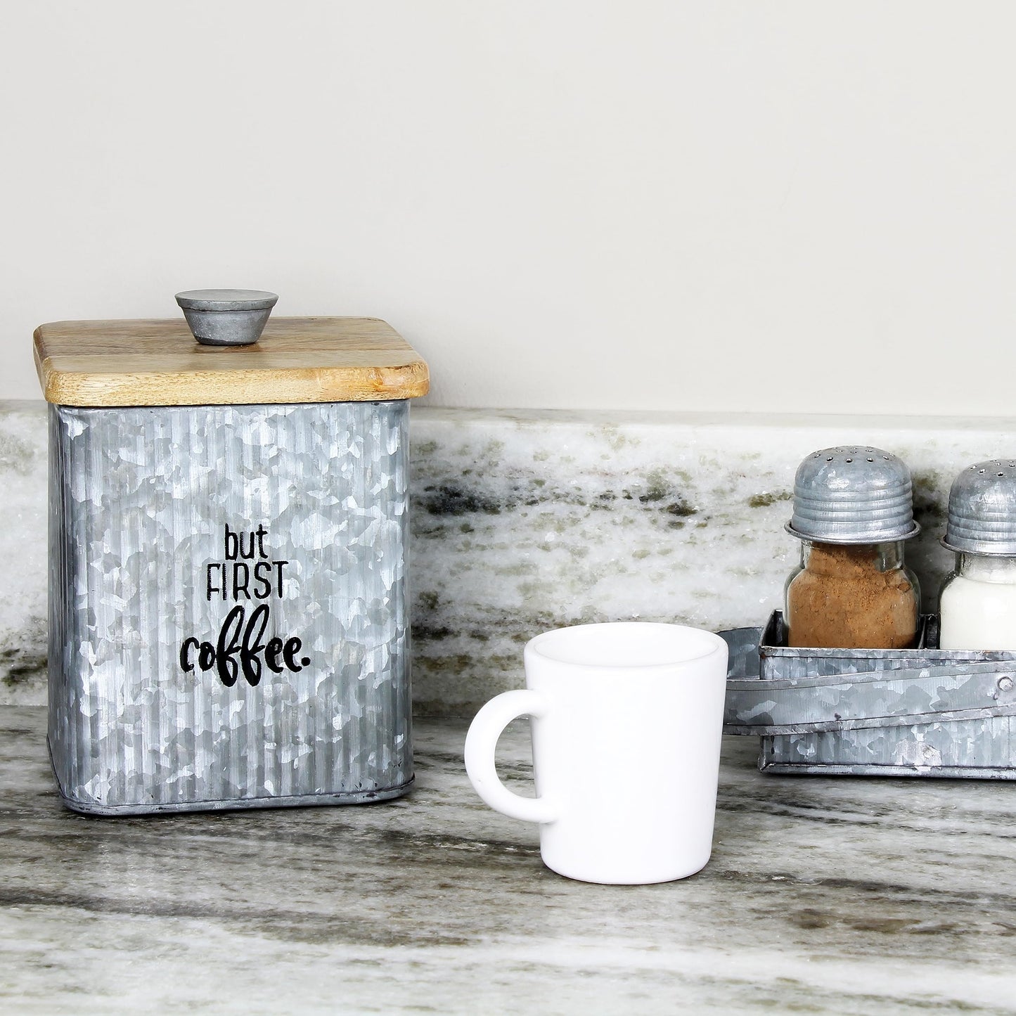 AuldHome Design Farmhouse Galvanized Canisters (Set of 3); Storage Containers for Coffee, Tea and Sugar in Galvanized Iron and Wood Design