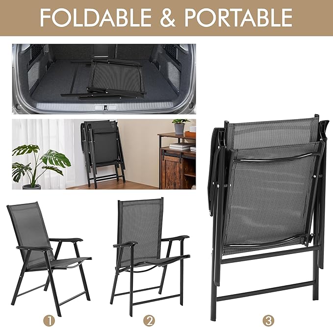 Yaheetech Patio Dining Chairs Set of 4 with Armrests, Outdoor Folding Chairs with Metal Frame and Backrest for Lawn, Garden, Yard and Poolside, Black