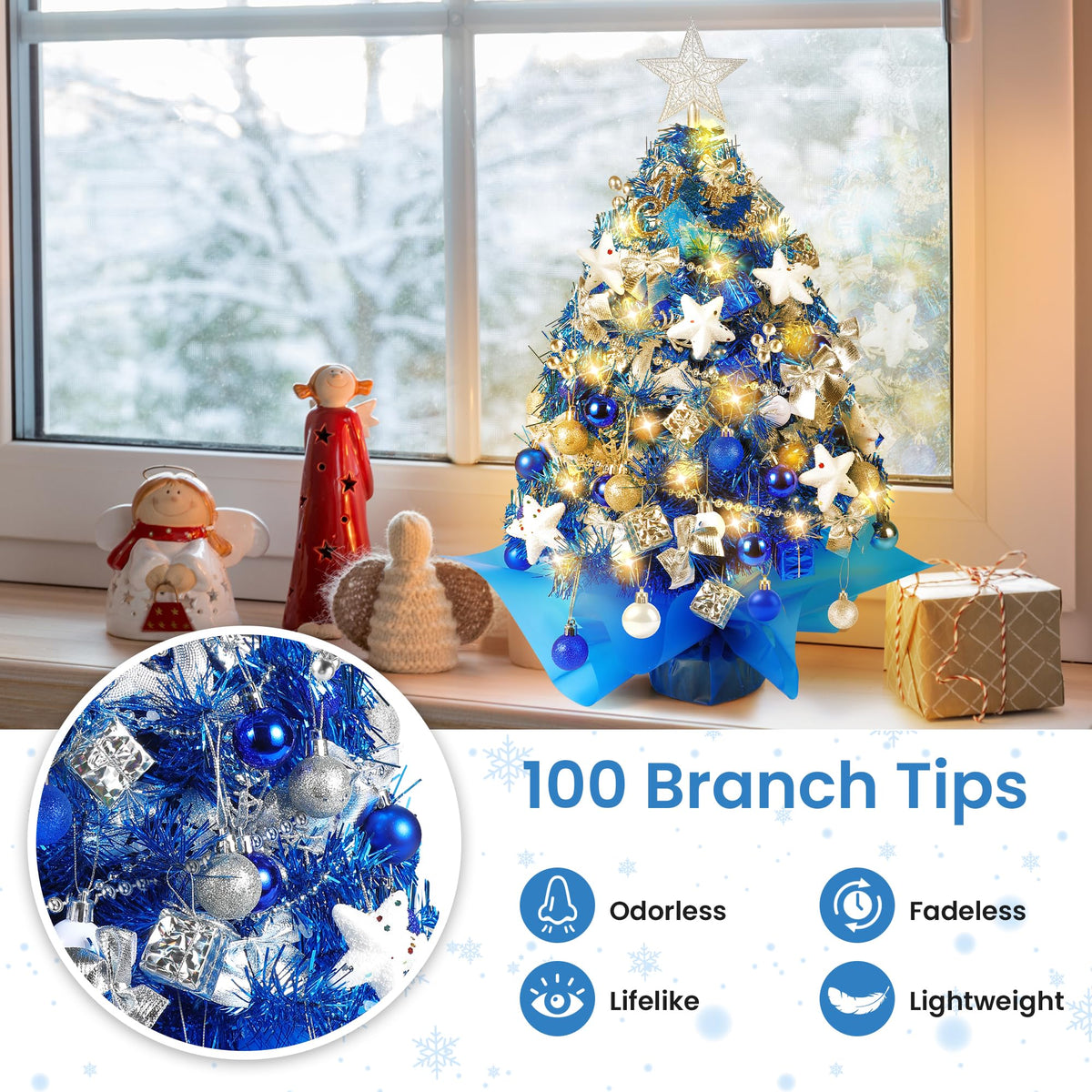 2FT Mini Christmas Tree, Blue Tabletop Christmas Tree, Prelit Small Christmas Trees with 60 LED Lights, 100 Lifelike Branches, 73 Ornaments, Artificial Xmas Tree for Home Indoor Decor