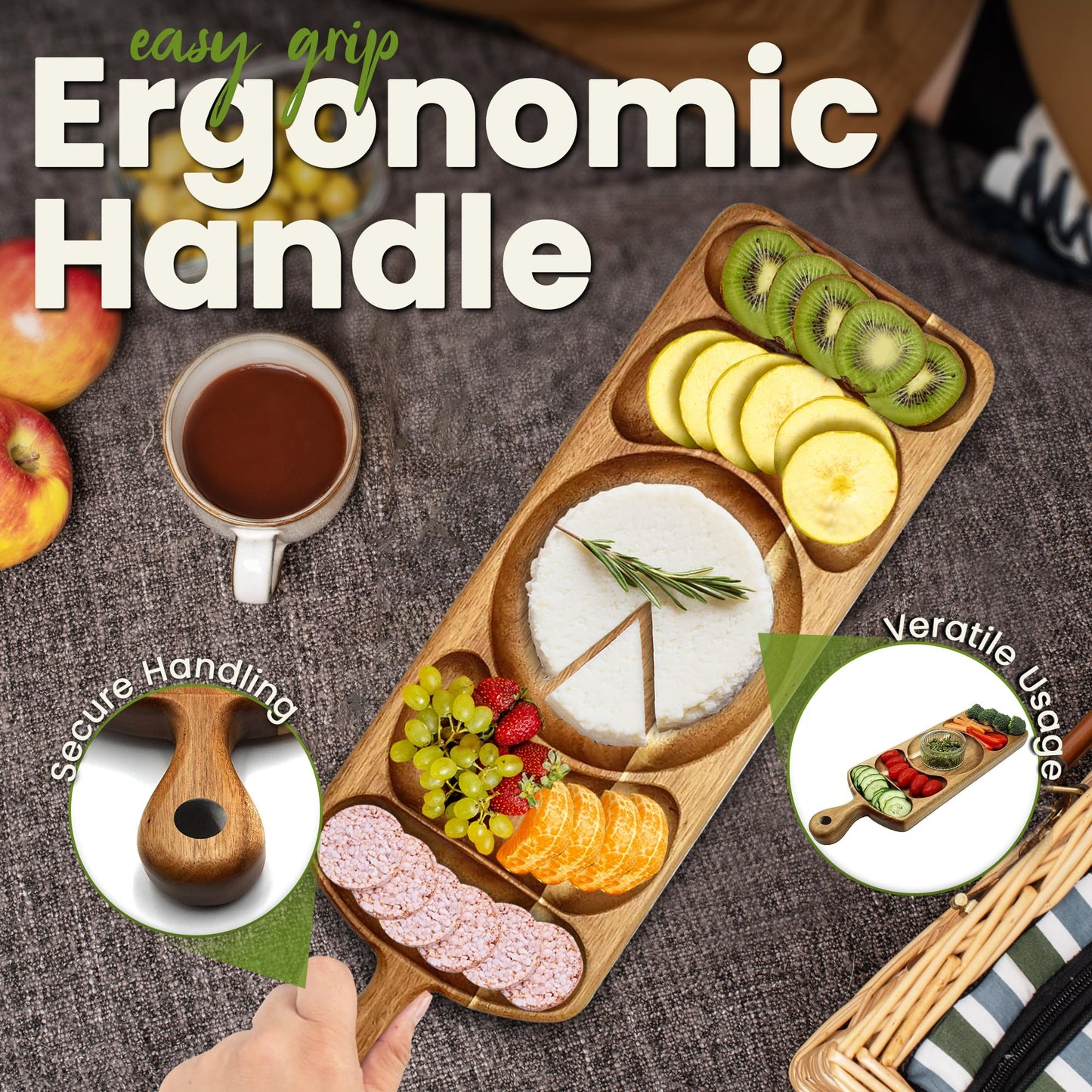 Reversible Acacia Wood Serving Platter with Handle – Premium Wooden Tray for Charcuterie, Crackers, Cheese, Fruit, Veggies, Appetizers & Snacks – Party Serving Tray & Travel Charcuterie Board