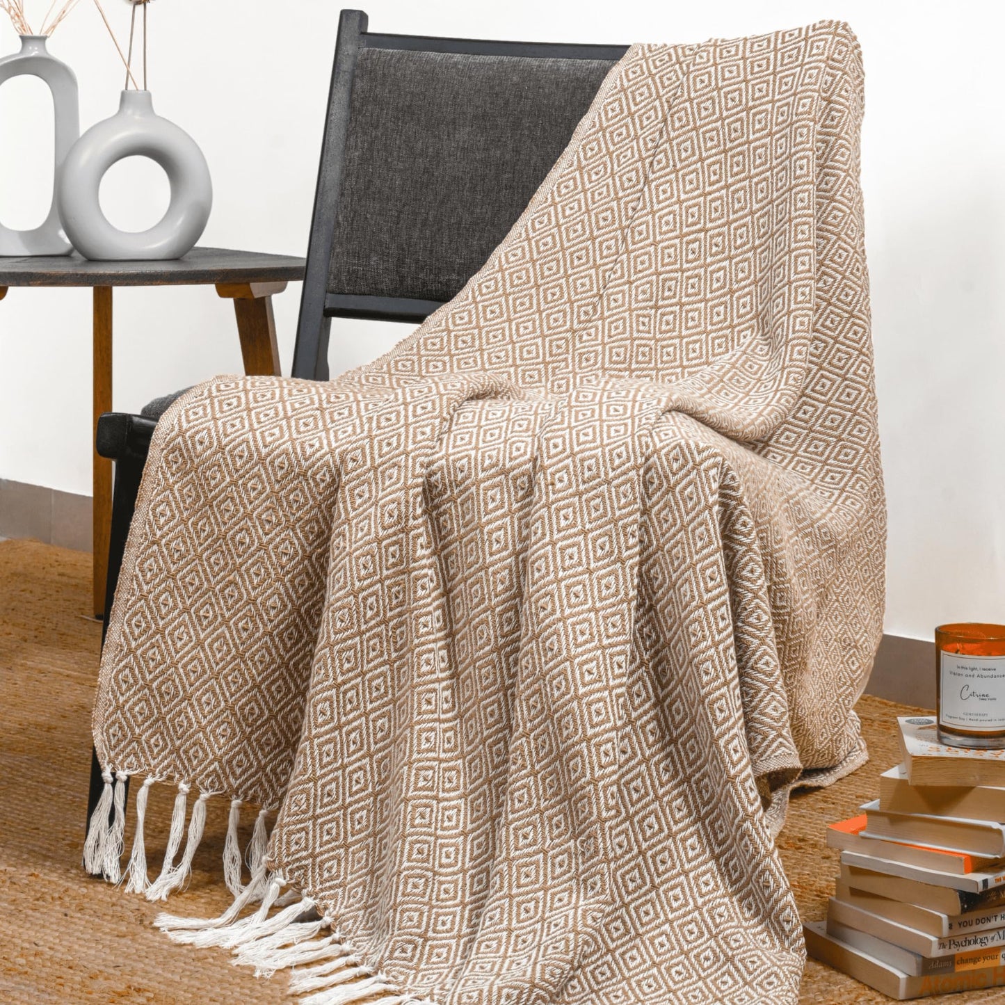 RAJRANG Beige Farmhouse Throw Blanket with Boho Tassel 50x60 Inches - Soft Vintage Geometric Throws Woven Blankets Tiger's Eye