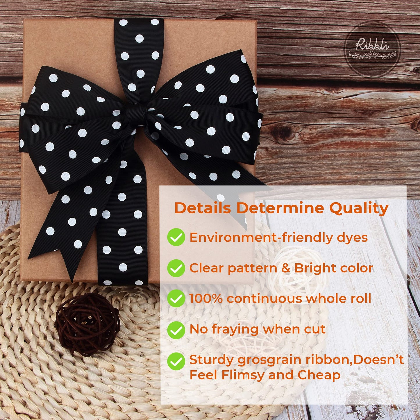 Ribbli Grosgrain Polka Dot Craft Ribbon,1-1/2 Inch,10-Yard Spool,Black with White Dots,Use for Hair Bows,Gift Wrapping,All Crafting and Sewing