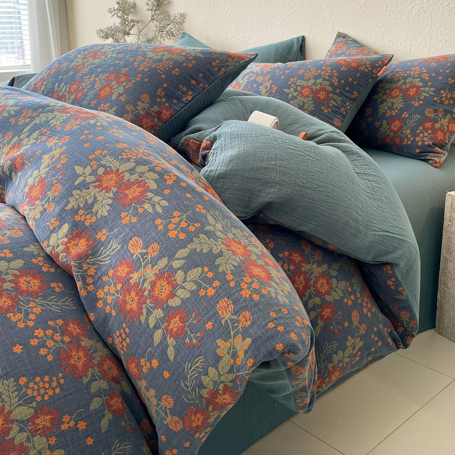 VM VOUGEMARKET Rustic Double Layer Gauze Jacquard Duvet Cover Queen, Dusty Slate Blue with Retro Orange Floral Print, Soft Breathable Boho Comforter Cover with Zipper&Ties