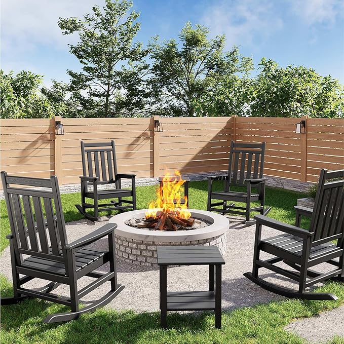 HDPE Rocking Chair Outdoor Set of 4 with 2 Side Table - Poly High Back Porch Rocker Chairs for Adults - All Weather Resistant Furniture for Patio Front Porch - Black