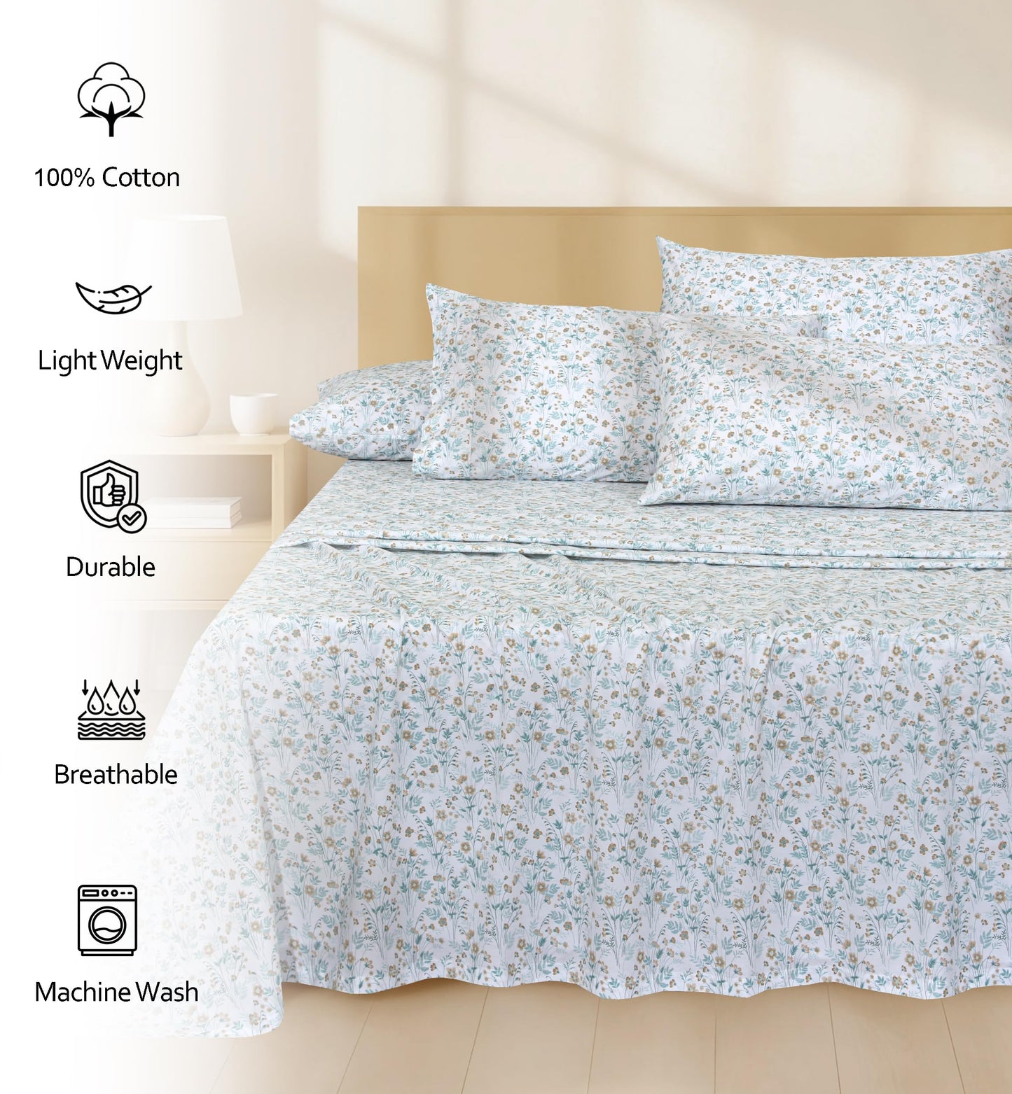RUVANTI 100% Cotton Percale Sheets Queen Size 6 Piece Set, Cooling Bed Sheets for Hot Sleepers, Deep Pocket 16”, Breathable Lightweight & Durable, Crisp Hotel Style Sheets, Fleur & Field