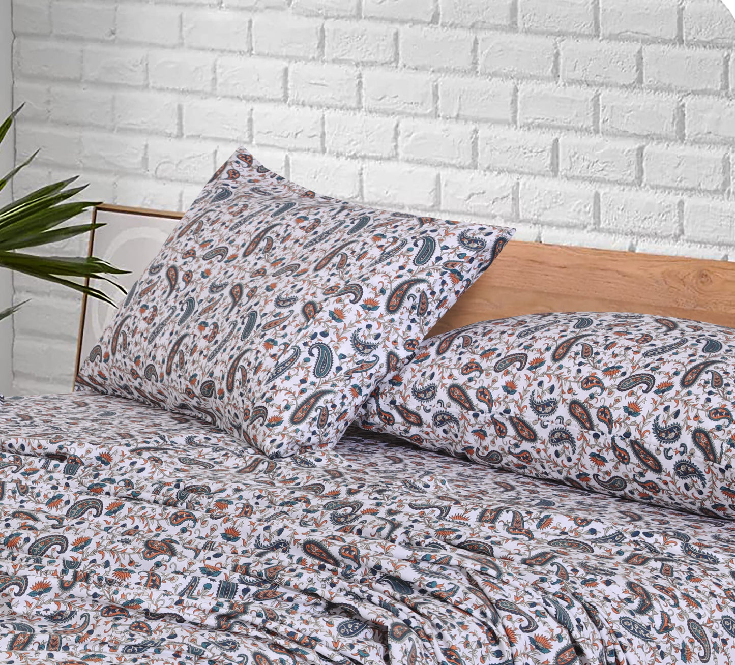 RUVANTI 100% Cotton Percale Sheets, Queen Size, Teal Paisley