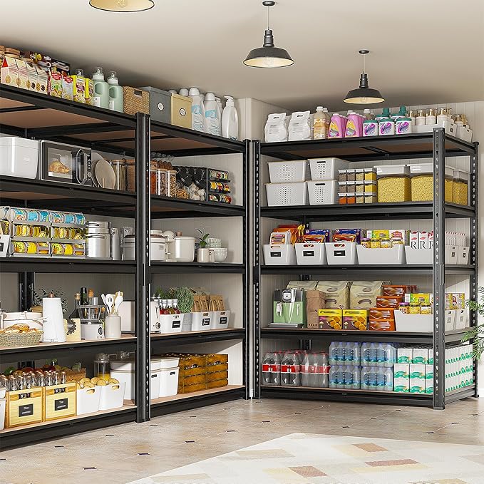 REIBII 2400LBS Storage Shelves 5 Tier Garage Shelving Heavy Duty, Adjustable Metal Shelving, Garage Shelves for Basement, Warehouse, Pantry, Closet, Kitchen 72" H x 35.55" W x 16" D, Black, 3 Pack