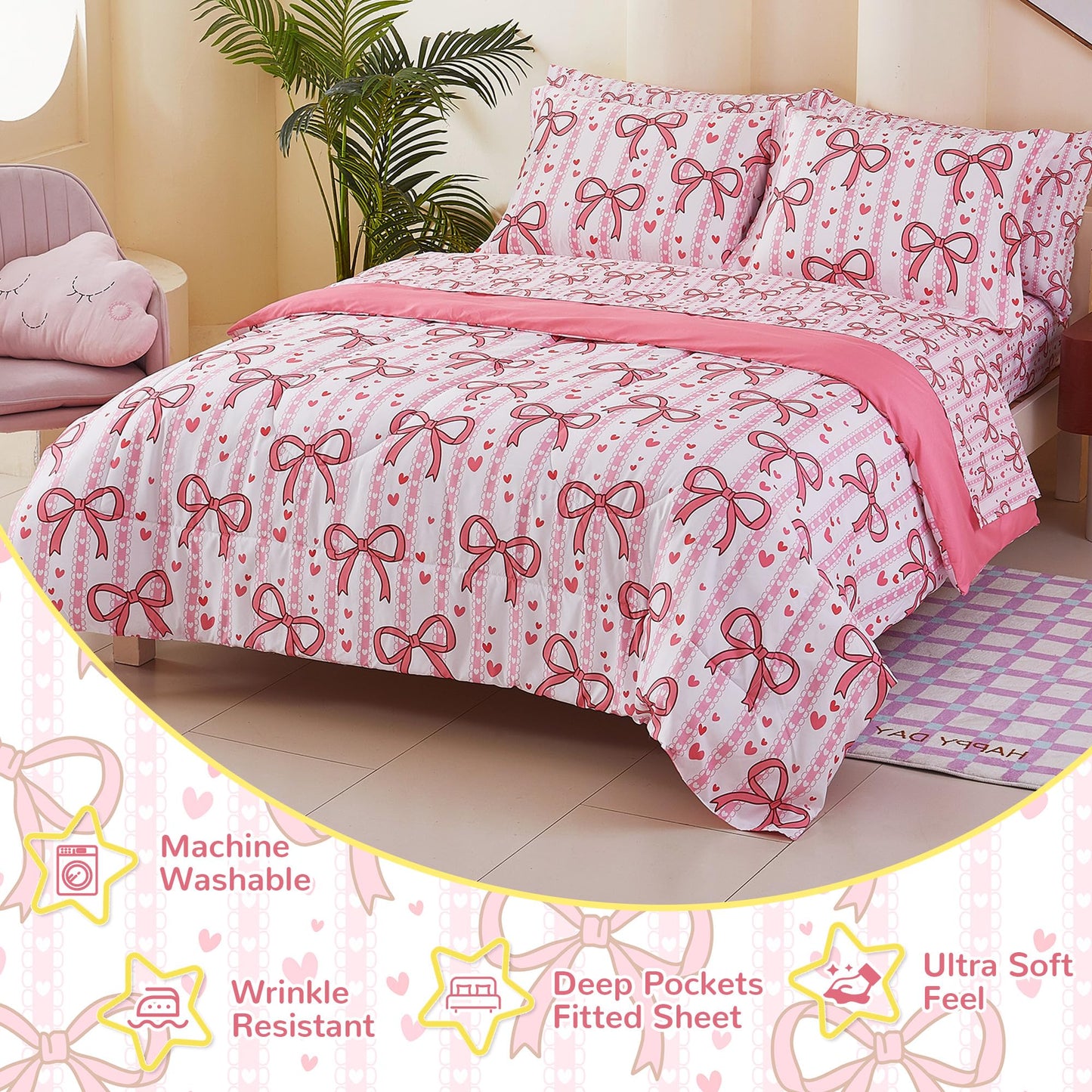 Viviland Kids Twin Bedding Sets for Girls, Soft Twin Comforter Set with Sheets, 5 Pieces Microfiber Bed in a Bag, Pink Bow