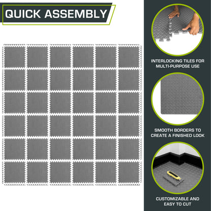 ProsourceFit Puzzle Exercise Mat ½ in, EVA Interlocking Foam Floor Tiles for Home Gym, Mat for Home Workout Equipment, Floor Padding for Kids, Black, 24 in x 24 in x ½ in, 24 Sq Ft - 6 Tiles