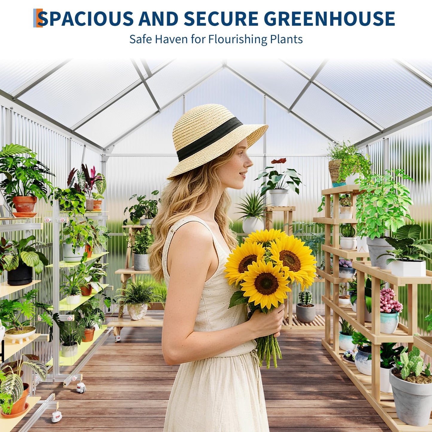 CABIHOME 6 x 6 FT Greenhouses for Outside, Polycarbonate Greenhouse with Aluminum Frame, Sliding Door, Adjustable Roof Vent, Backyard Green Houses, Patio Garden, Black (Silver, 6x6 FT)