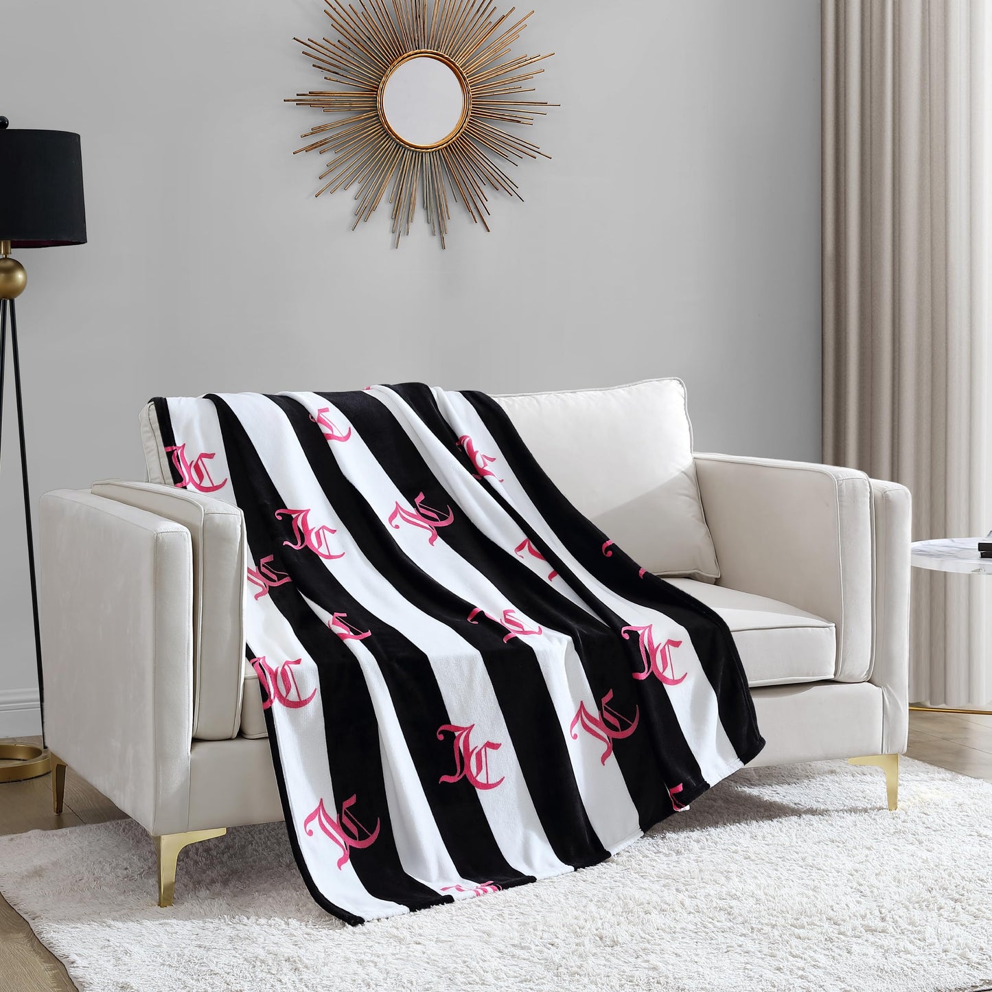Juicy Couture Cabana Plush Black Striped 50"X70" Fuzzy Throw Blanket - Luxurious Microfiber Plush Blanket for Ultimate Comfort and Cozy Warmth