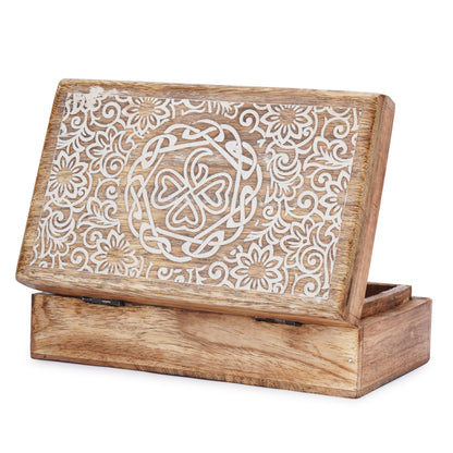 Ajuny Mango Wood Jewelry Box – Hand-Carved Celtic Knot Keepsake/Memory Box, Decorative Trinket & Treasure Chest Organizer, Handmade Gift for Women & Men, Travel Friendly, 8x5 Inch