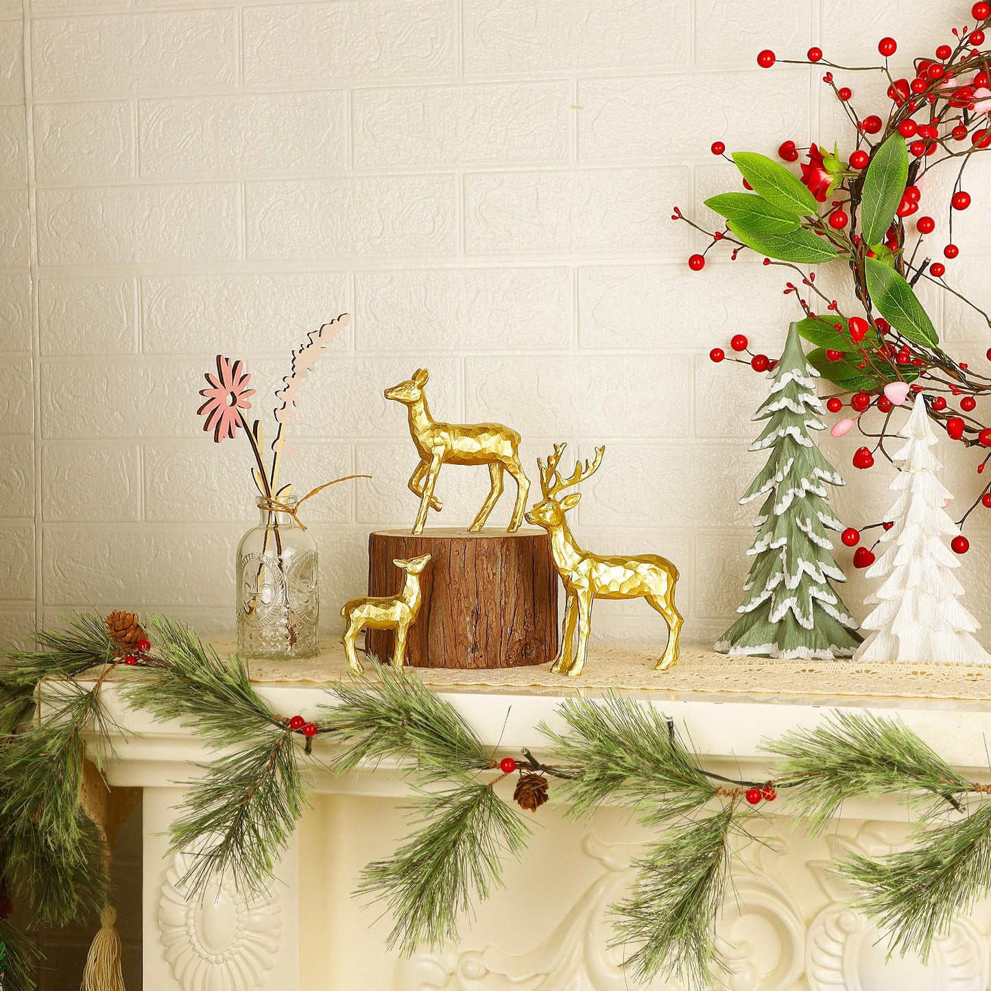 Lulu Home 3 PCS Christmas Tabletop Decorations, Resin Golden Reindeer Family Figurines with Diverse Postures, Xmas Holiday Winter Centerpieces Ornaments for Mantel Shelf Sill Decor(Family)