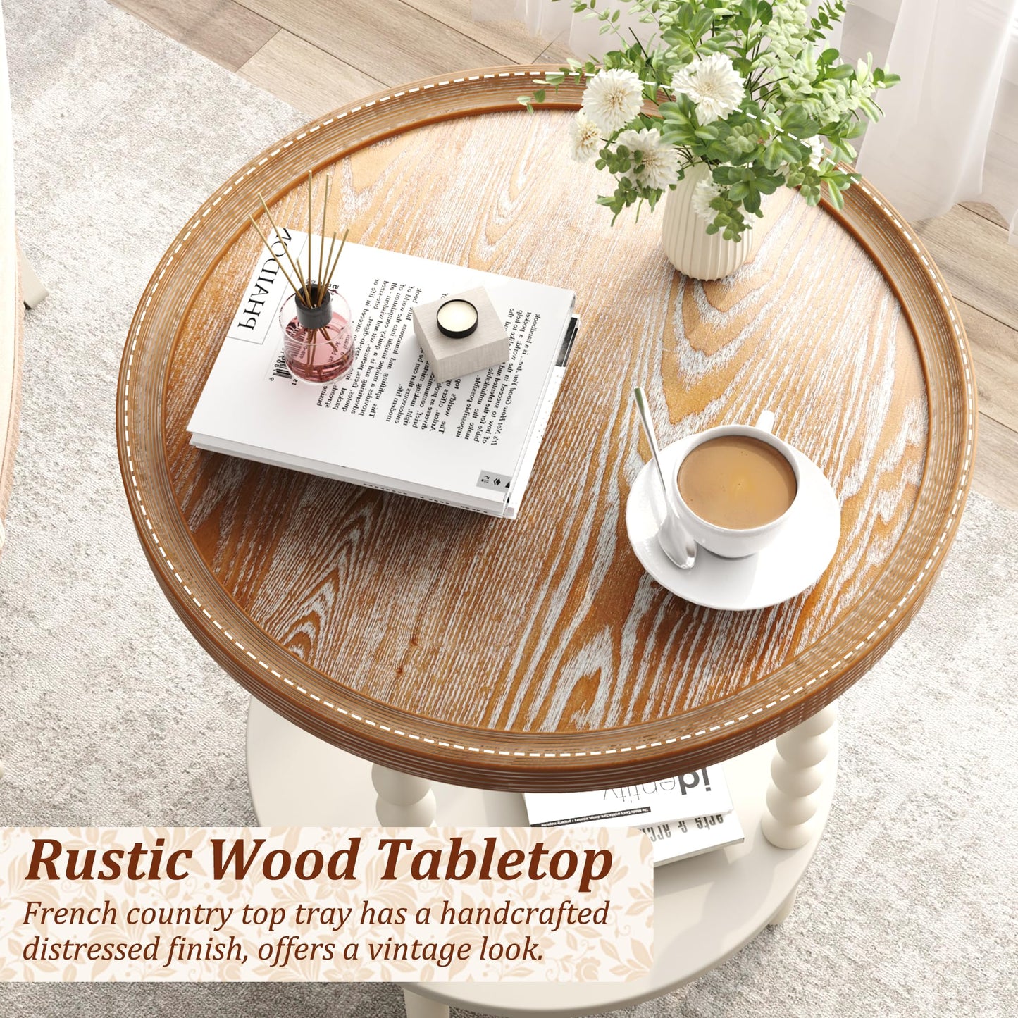 Function Home Round End Table, Farmhouse Side Table with Storage Shelf, 2 Tier Wooden Nightstand, 19.2” Accent Table for Living Room Bedroom Small Space, Natural Tray Top and Vintage White Spindle Leg