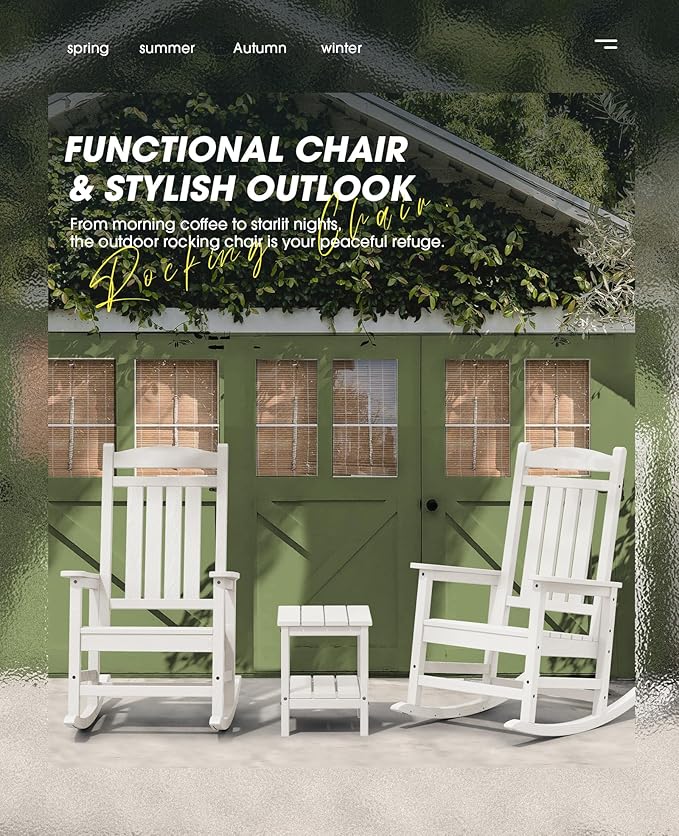 KINGYES HDPE Patio Rocking Chair Set of 2, Outdoor Rocking Chairs Porch Rocker for Adults, White