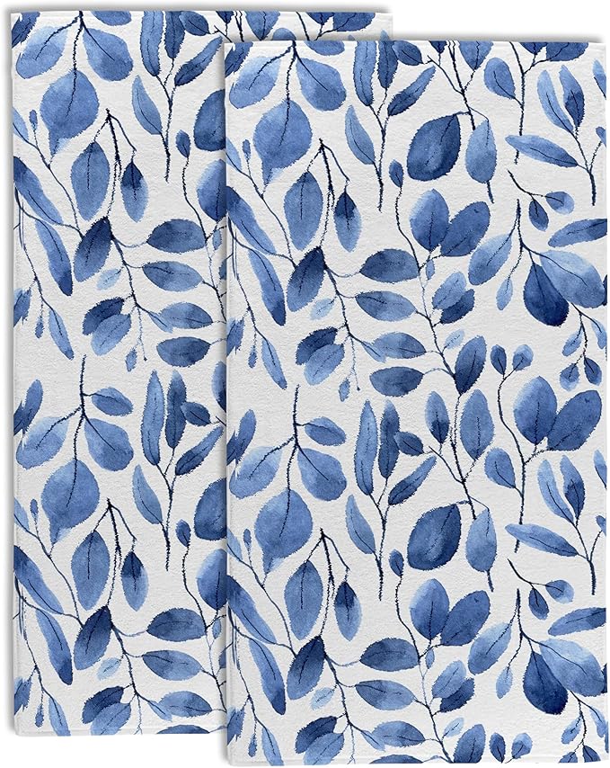 Blue Eucalyptus Leaves Bathroom Hand Towel Set of 2, Watercolor Botanical Plant