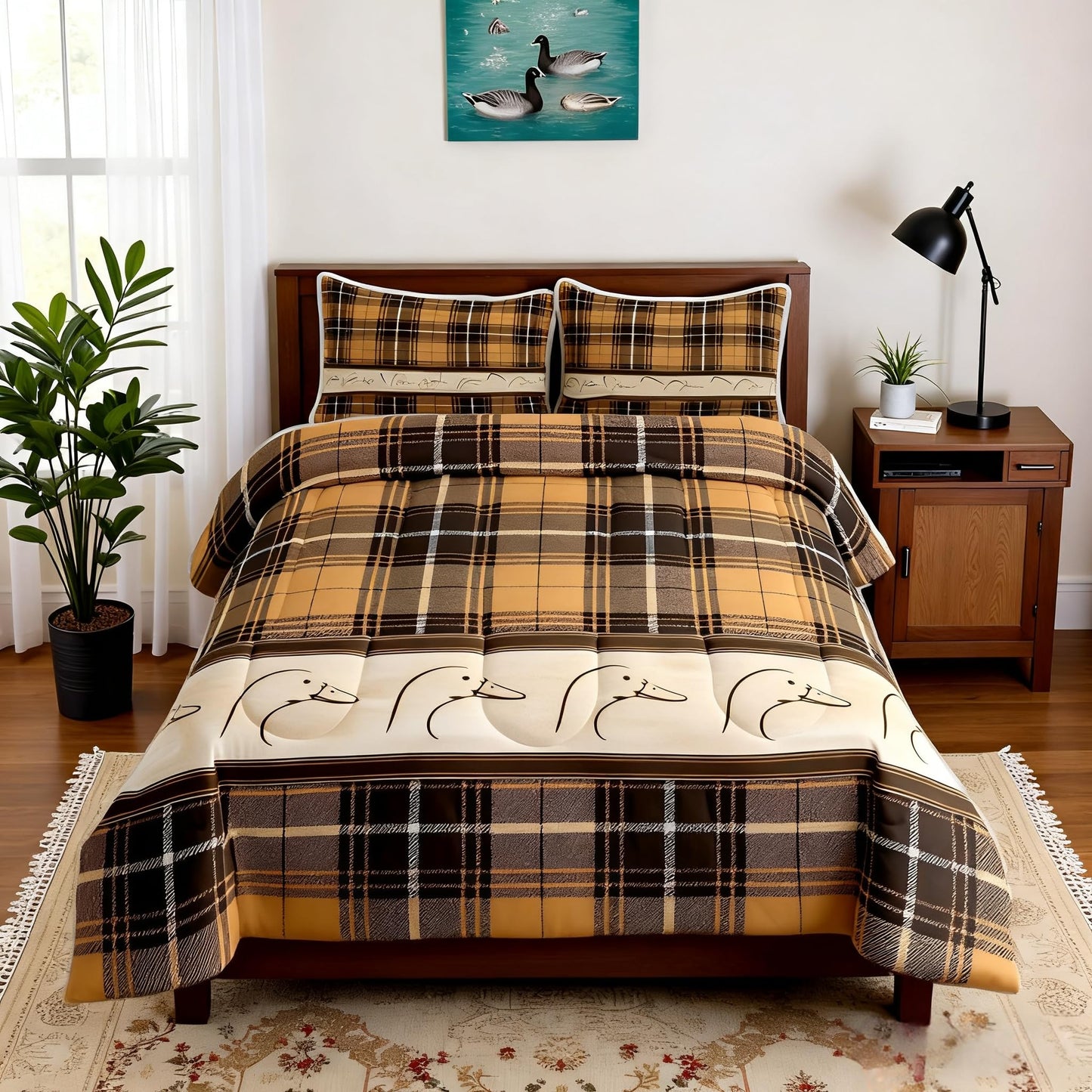 Ducks Silhouettes Kids Comforter Set Queen Size,Cartoon Animals Cute Bedding Set,Girls Boys Adults Bedroom Decor,Geometric Plaids Splicing Down Comforter,Brown Rustic Duvet Insert,2 Pillowcases