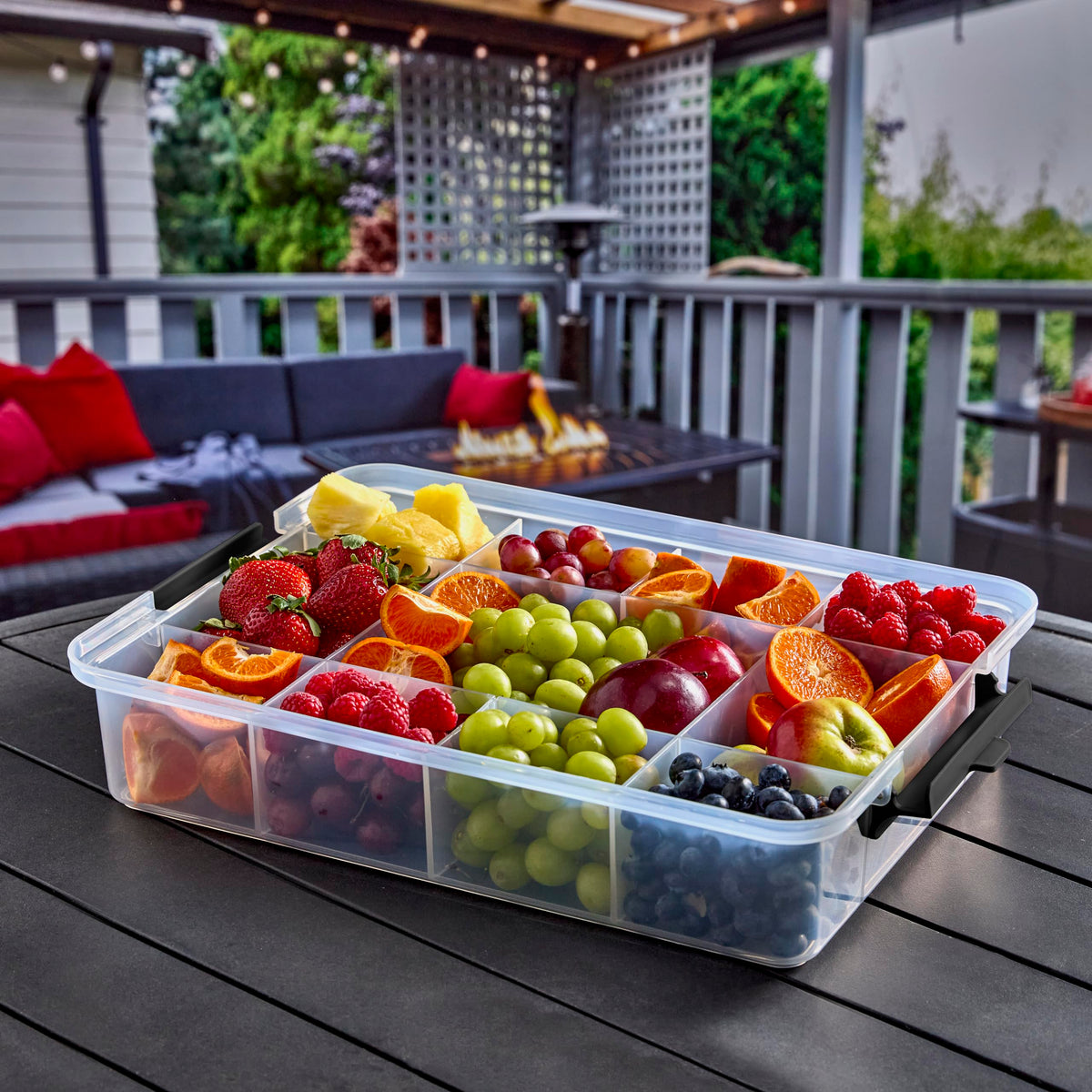 Farberware Snacklebox 11x16 Inch Bamboo Cutting Board Lid with 11-Compartment PP Snack Box, Locking Handles for Travel - Charcuterie Board with Lid for Picnics, Road Trips, and Outdoor Entertaining