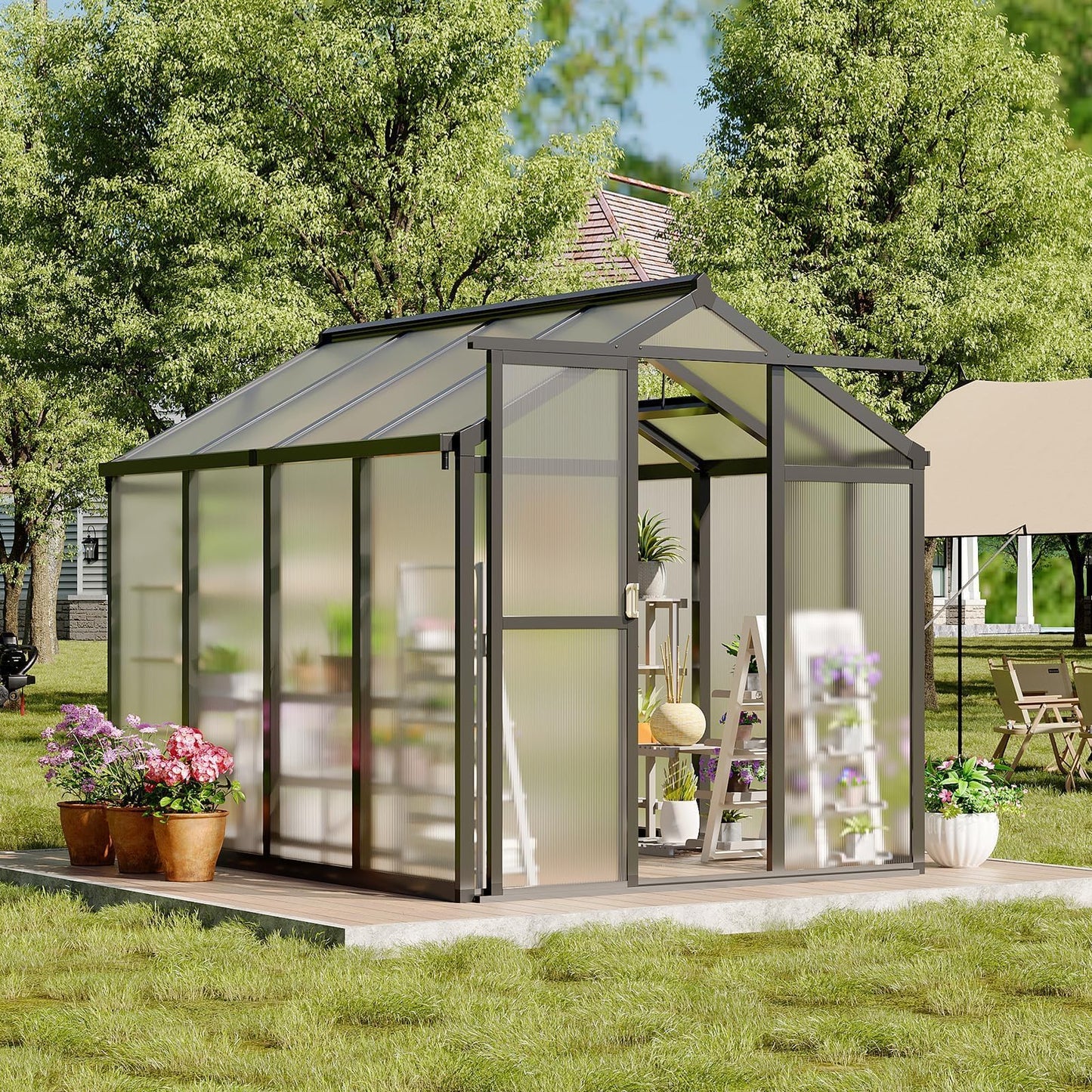 6X8 ft Greenhouse, Greenhouses for Outside, Aluminum Frame Polycarbonate Panels with Sliding Lockable Door and Ajustable Roof Vent, Spacious Walk-in Design for Backyard, Garden, Patio, Black