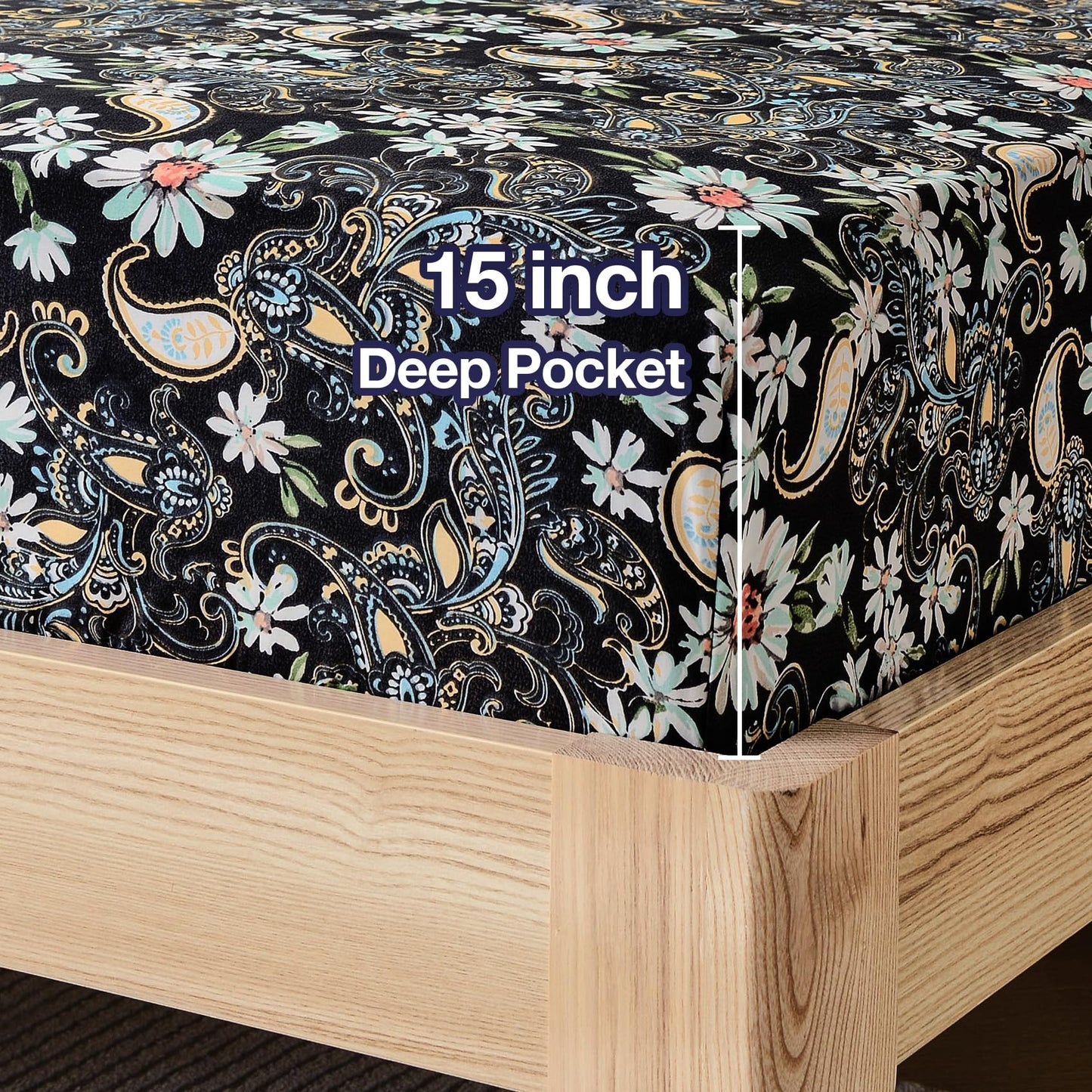 JSD Black Paisley Floral Printed Sheet Set King Size 6 Piece, Soft Pattern Microfiber Bed Sheets Extra Deep Pocket