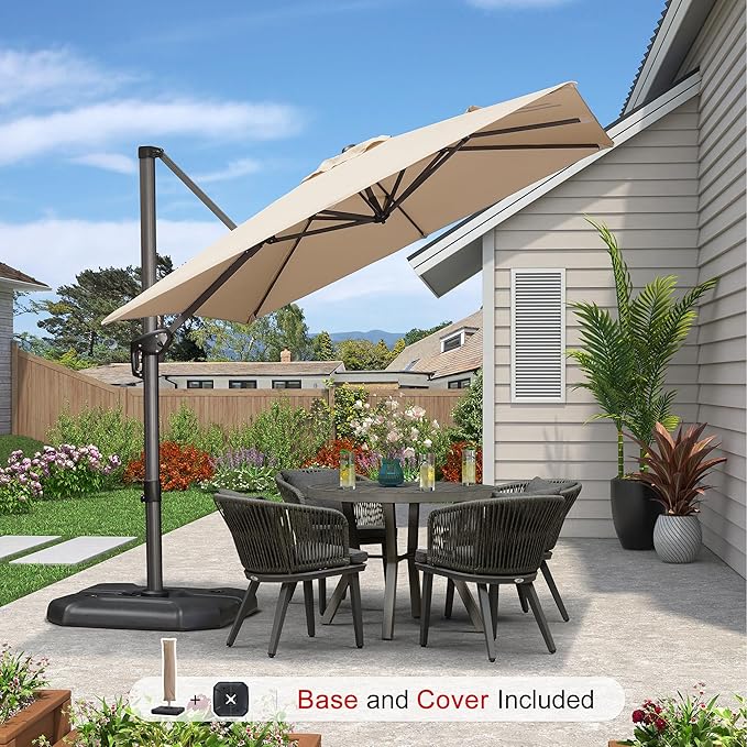 PURPLE LEAF 8'×8' Patio Cantilever Umbrella with Base Included Offset Outdoor Umbrella with cover Square umbrella outdoor patios for Backyard Pool Garden Beige